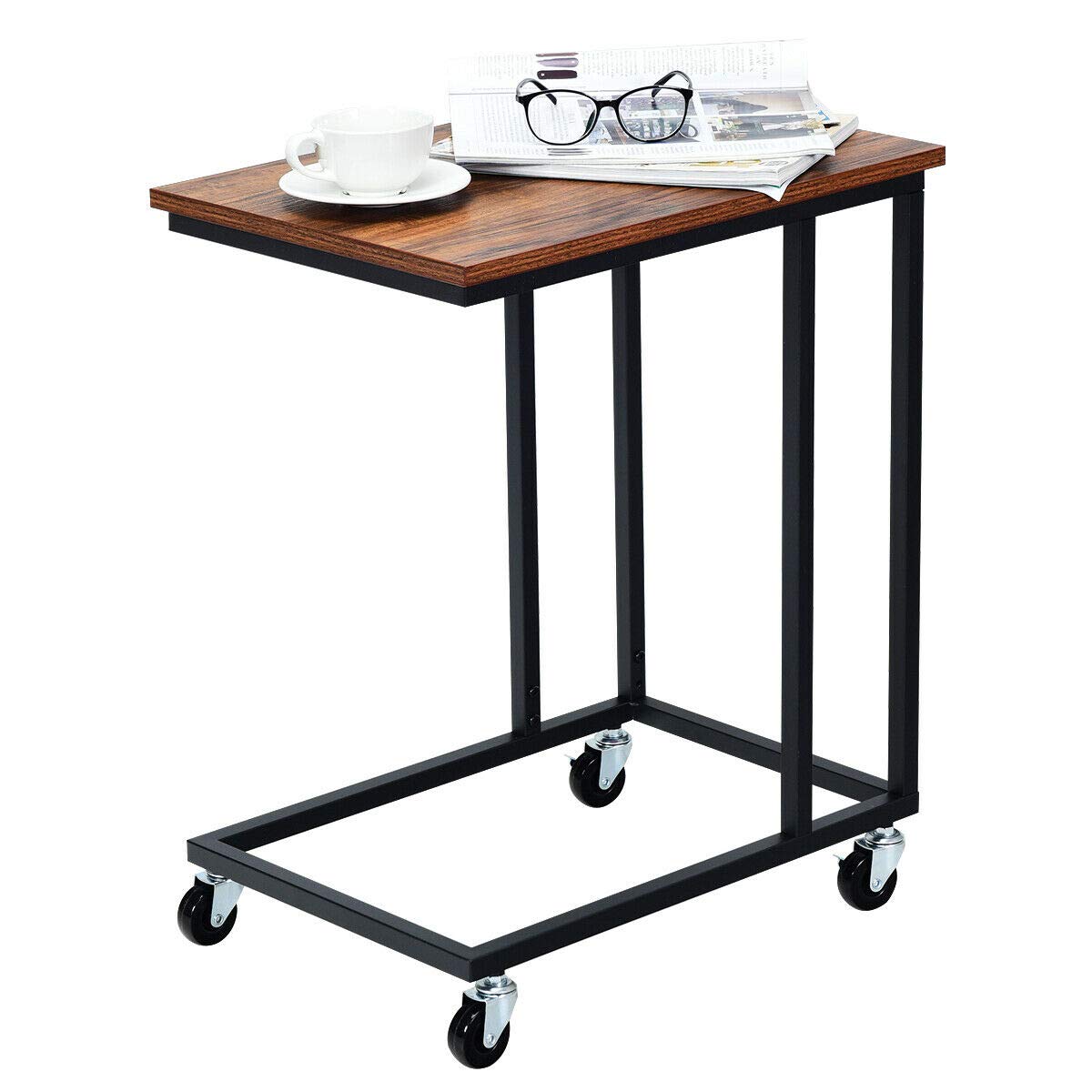 DORTALA Industrial Side Table Living Room, Mobile Sofa End Table Vintage Accent C-Shaped Table Furniture with Rolling Wheels, Co