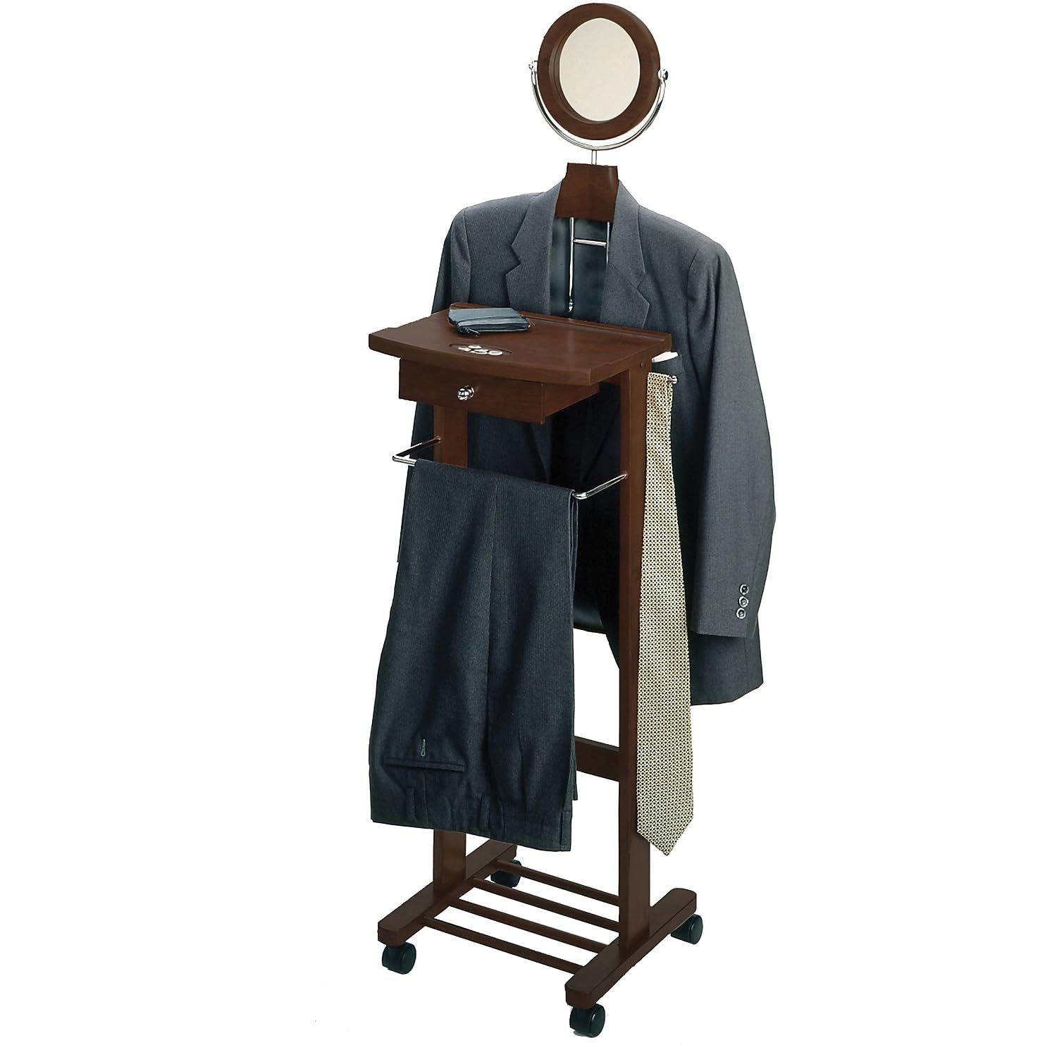 Winsome Wood Valet Stand With Mirror, Drawer, Tie Hook, Casters, Antique Walnut (94155)