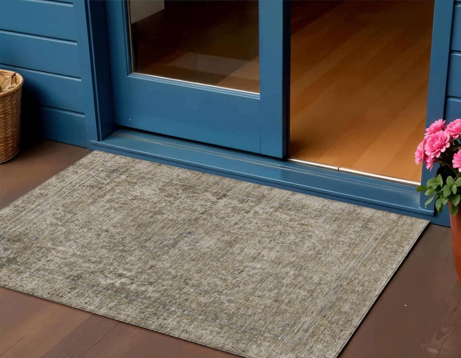 3 X 5 Pewter And Beige Abstract Washable Indoor Outdoor Area Rug