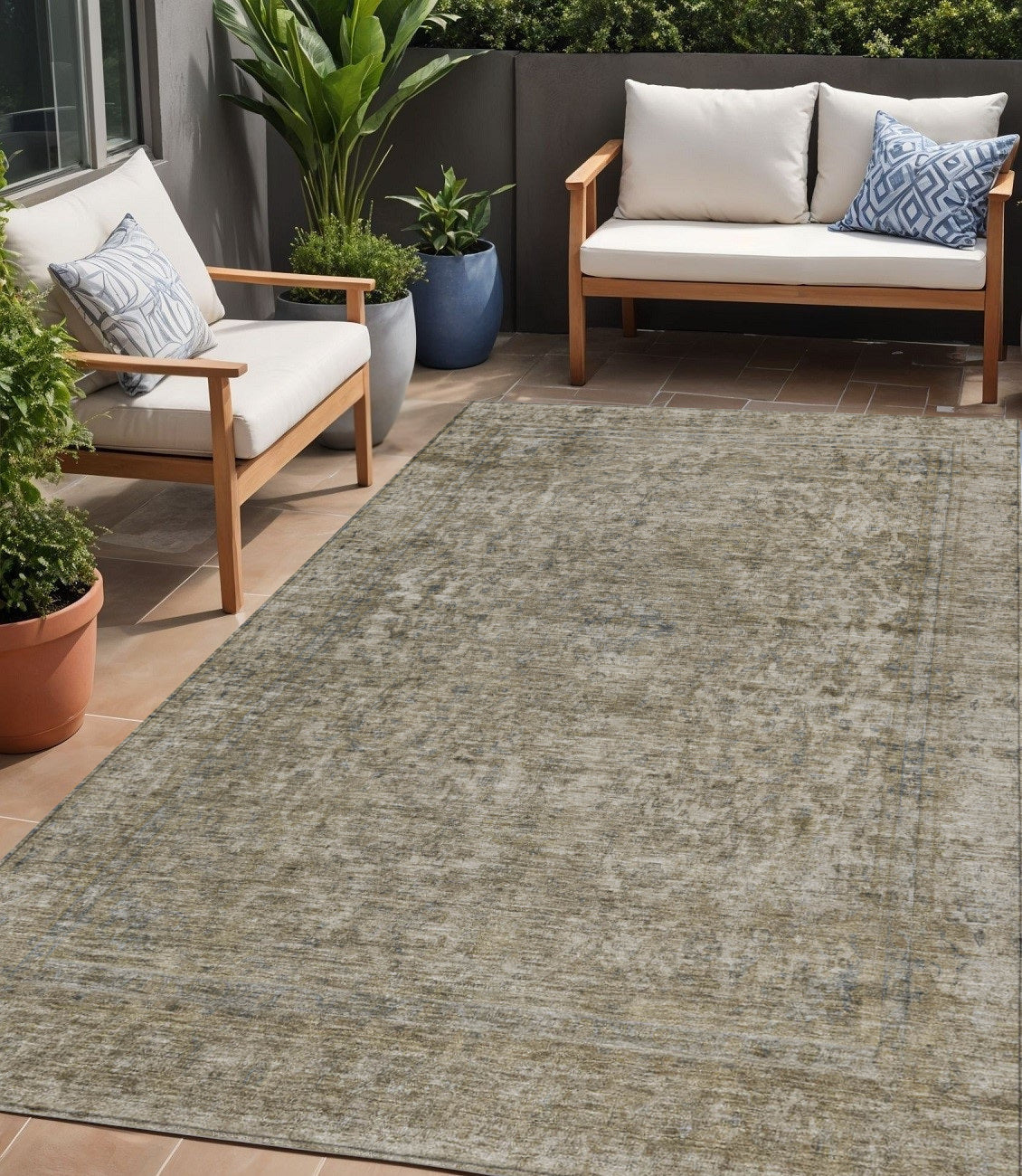 5 X 8 Pewter And Beige Abstract Washable Indoor Outdoor Area Rug