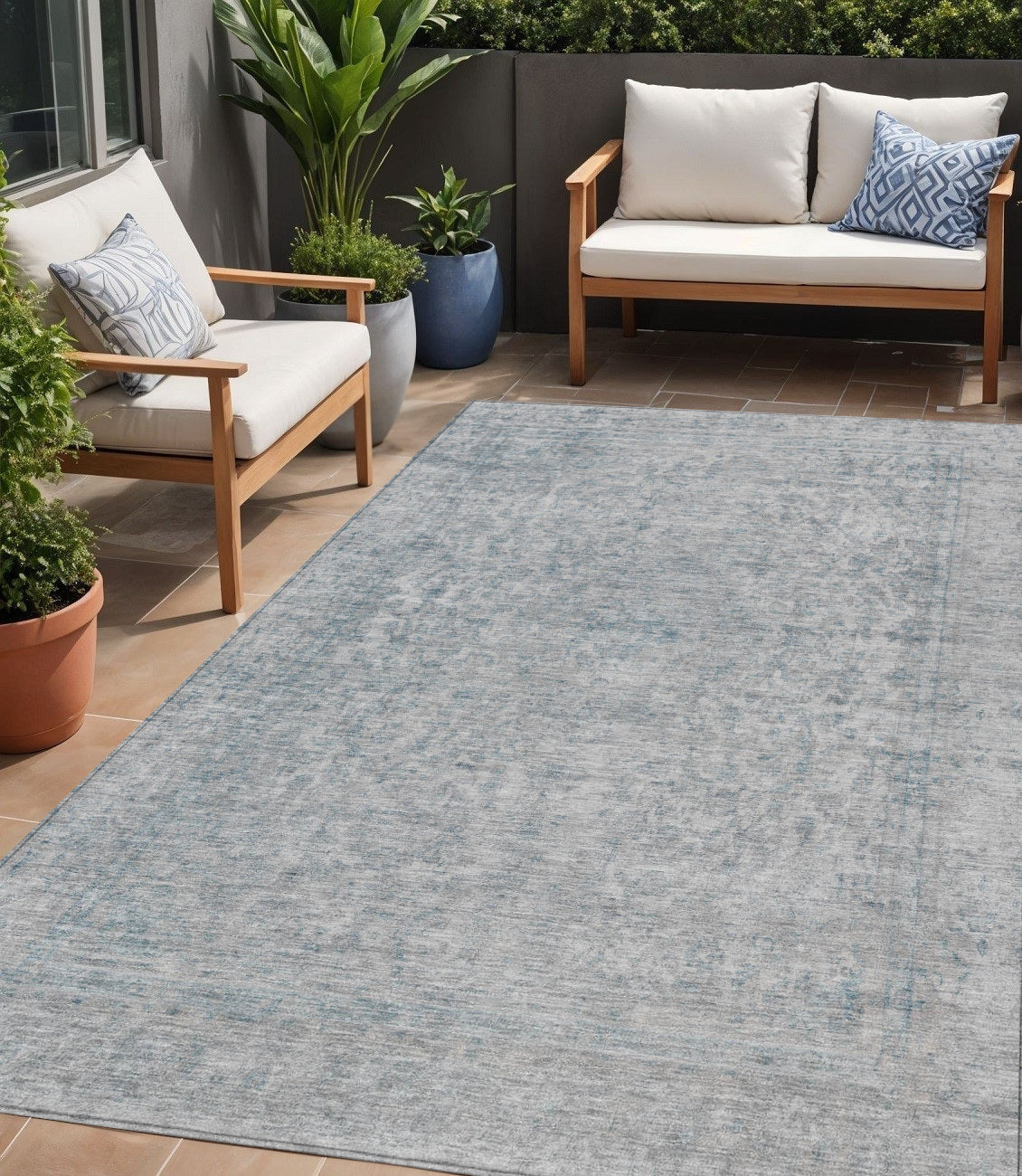 5 X 8 Silver And Beige Abstract Washable Indoor Outdoor Area Rug