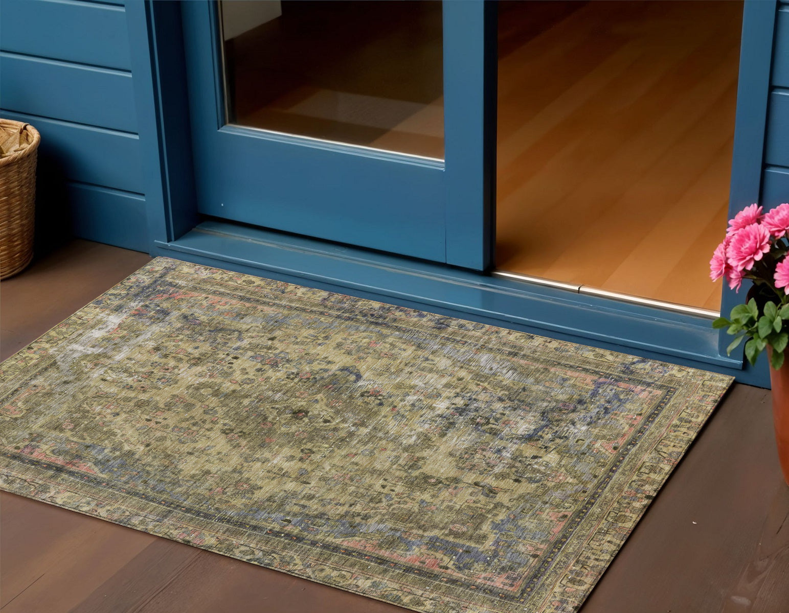 3 X 5 Artichoke Green And Denim Blue Medallion Washable Indoor Outdoor Area Rug