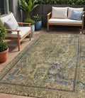 5 X 8 Artichoke Green And Denim Blue Medallion Washable Indoor Outdoor Area Rug
