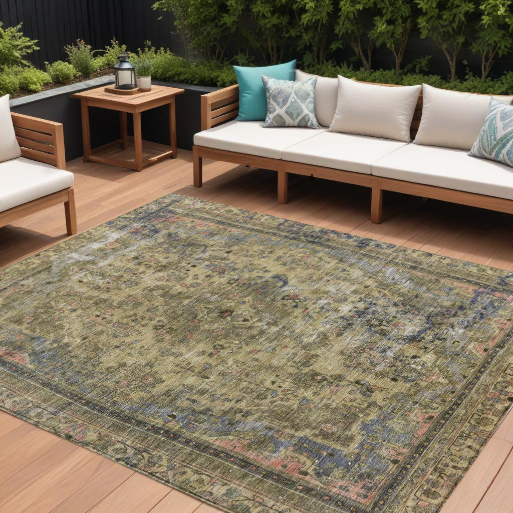 8 X 10 Artichoke Green And Denim Blue Medallion Washable Indoor Outdoor Area Rug