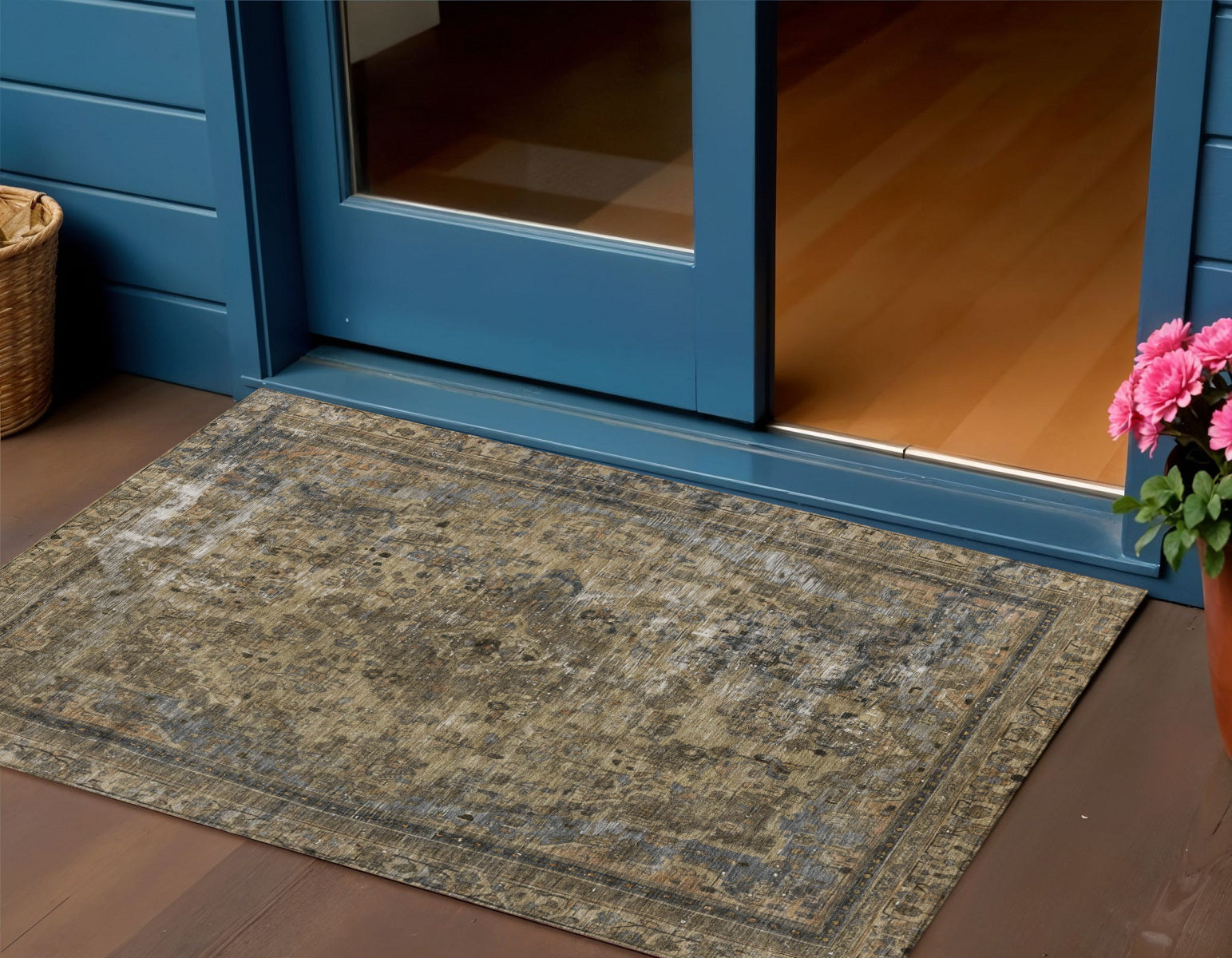 3 X 5 Brown And Denim Blue Medallion Washable Indoor Outdoor Area Rug