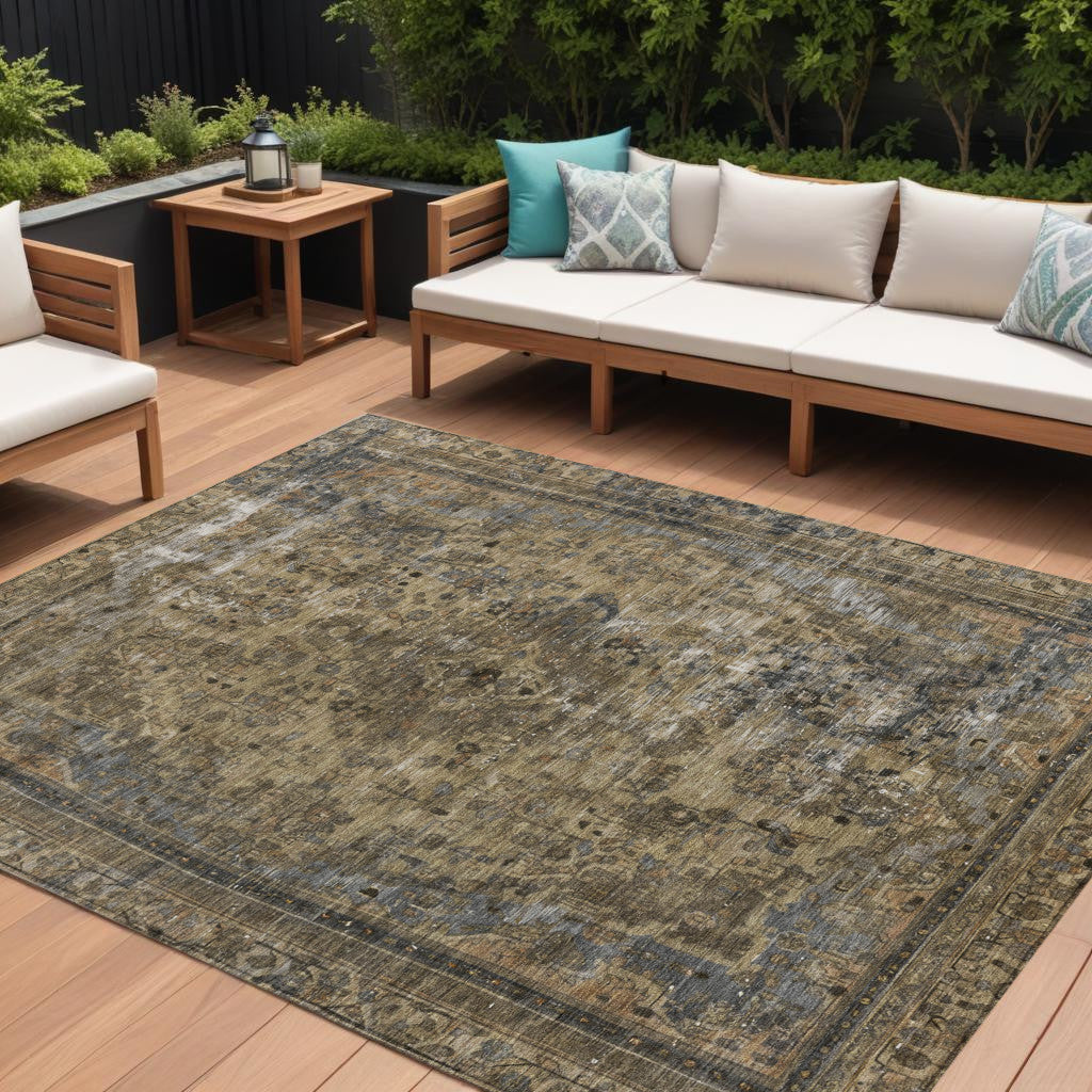 10 X 14 Brown And Denim Blue Medallion Washable Indoor Outdoor Area Rug