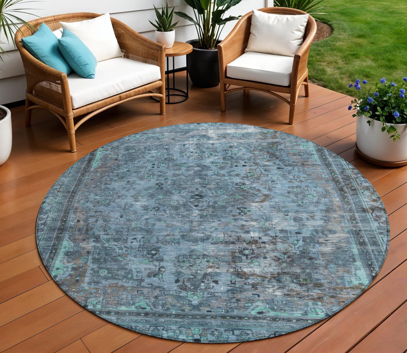 8 Blue And Gray Round Medallion Washable Indoor Outdoor Area Rug