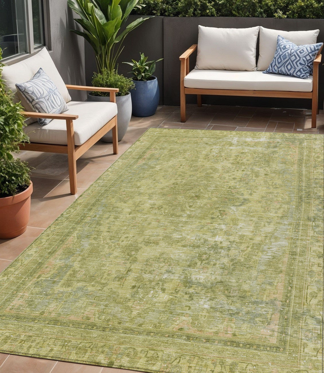 5 X 8 Fern Green And Sage Medallion Washable Indoor Outdoor Area Rug