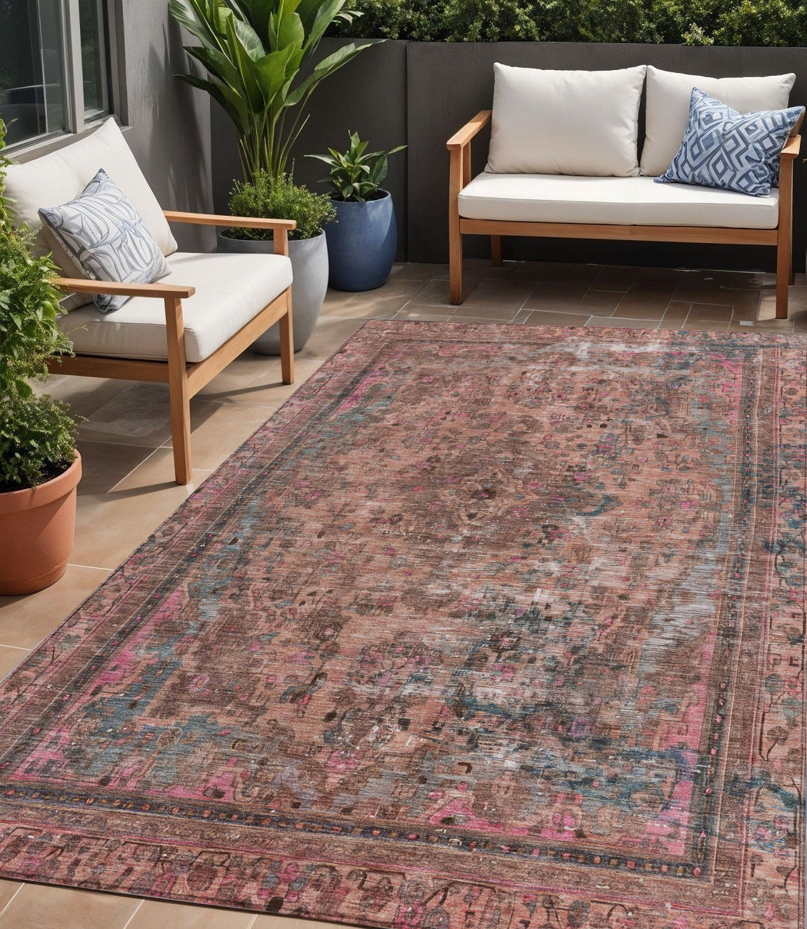 5 X 8 Pink And Mauve Medallion Washable Indoor Outdoor Area Rug