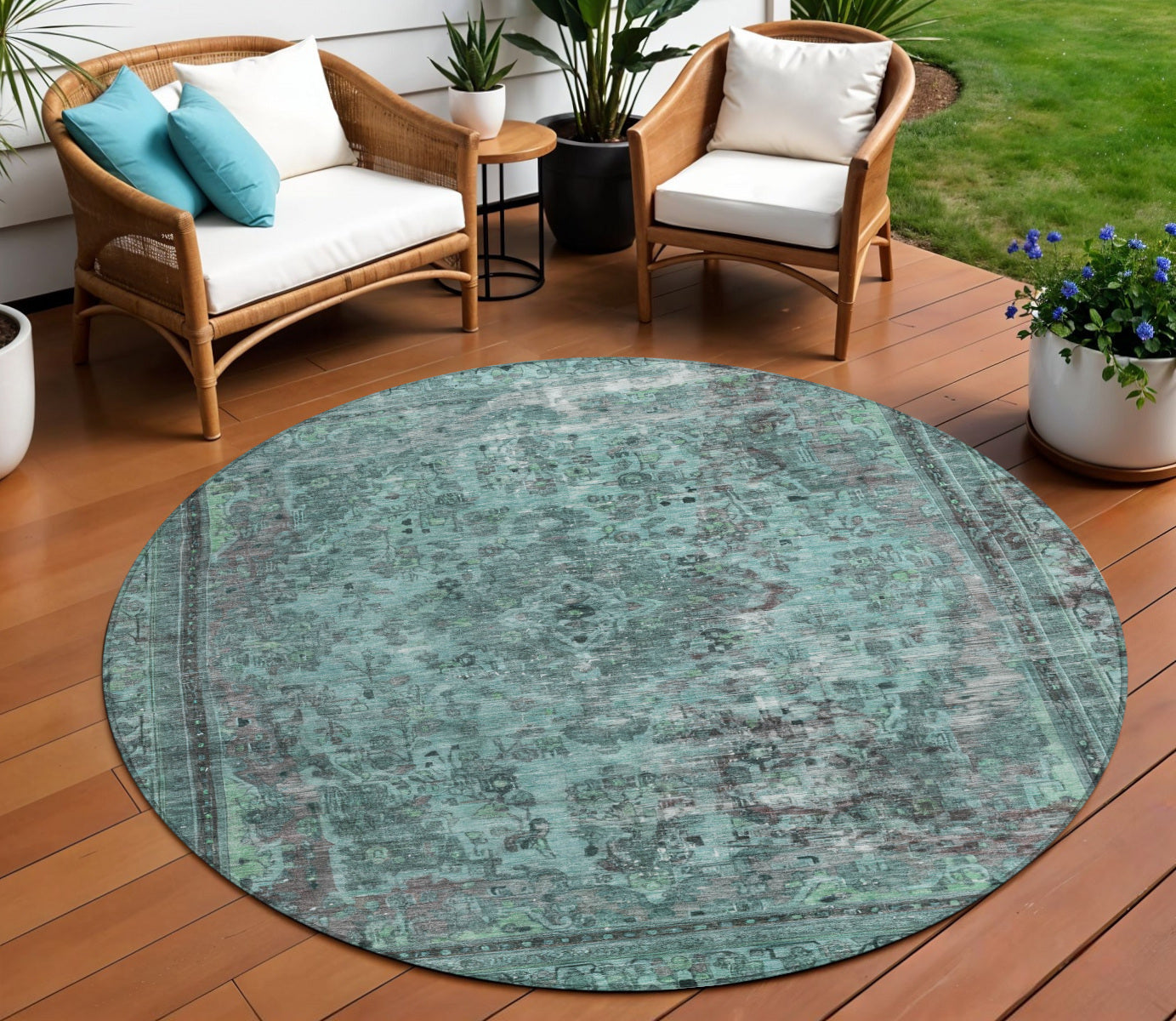 8 Teal Blue And Turquoise Round Medallion Washable Indoor Outdoor Area Rug
