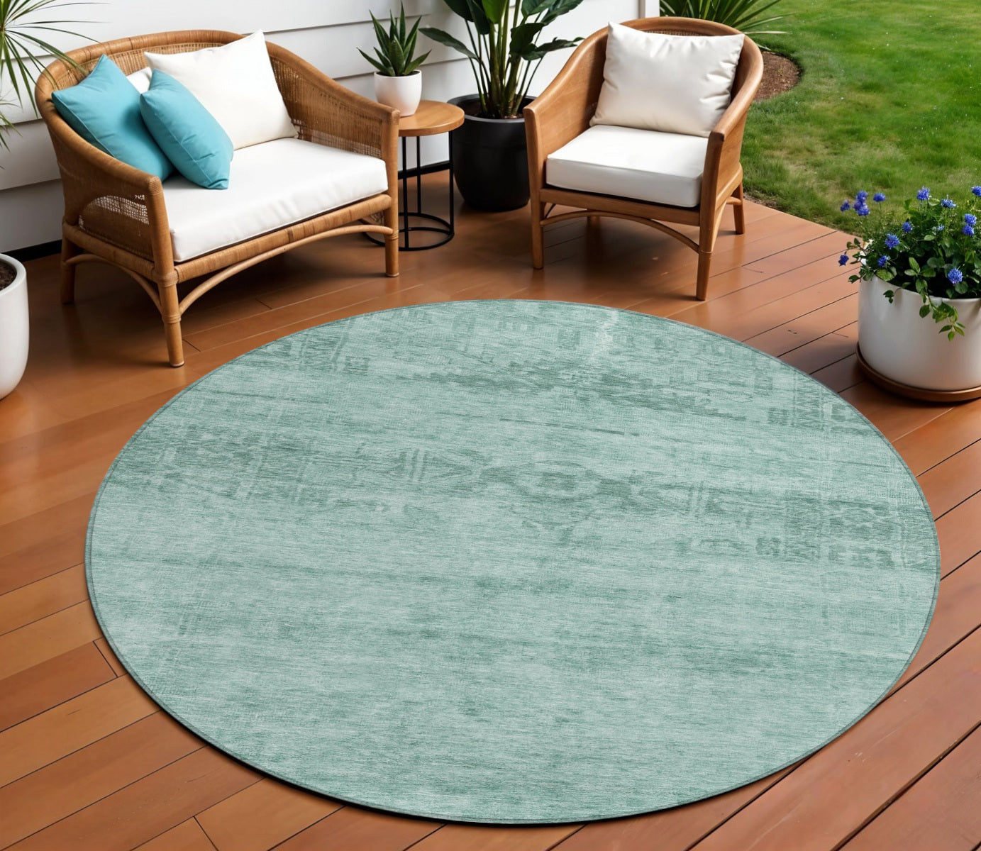 8 Aqua And Teal Blue Round Medallion Washable Indoor Outdoor Area Rug