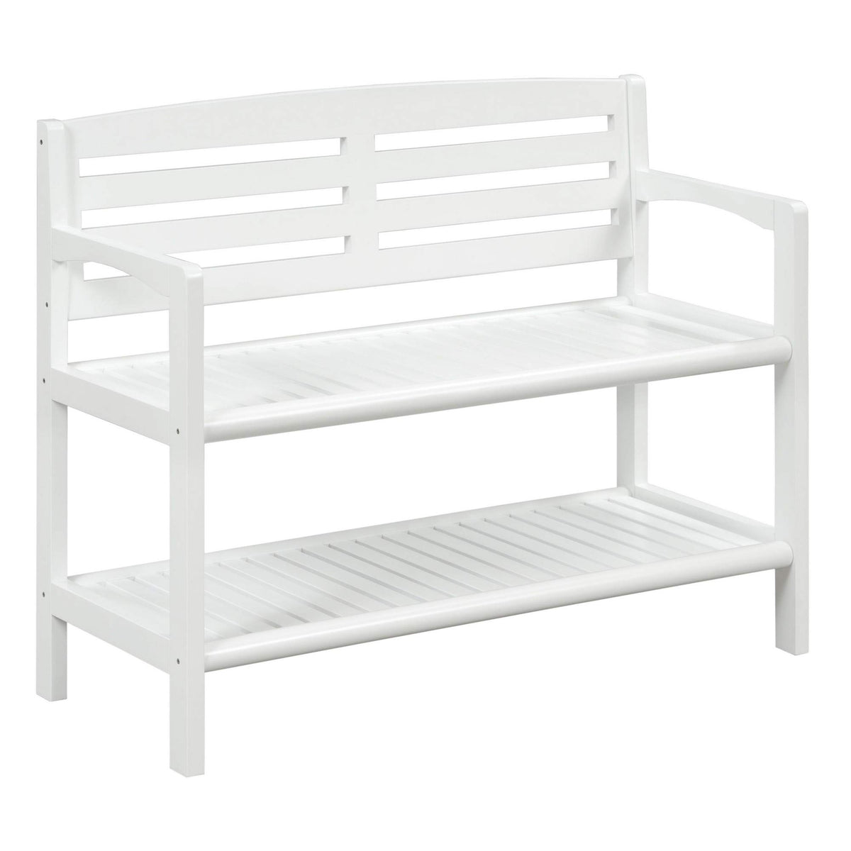 HomeRoots Hardwood Rectangular Wood Bench with Back and Shelf in Antique White