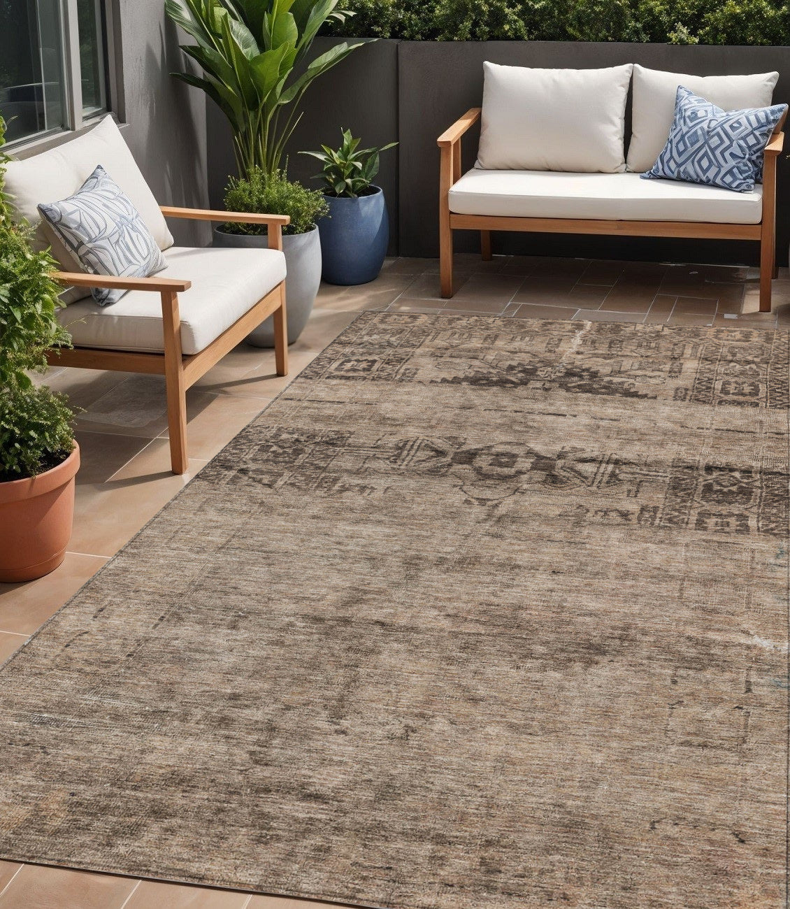5 X 8 Brown And Taupe Medallion Washable Indoor Outdoor Area Rug