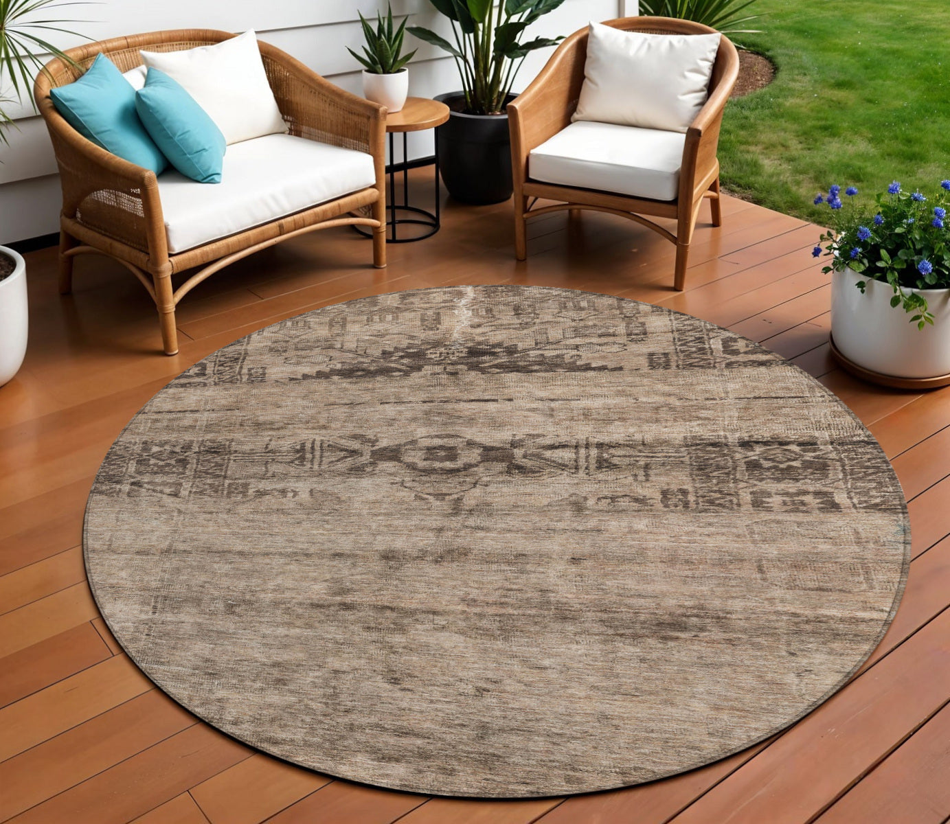 8 Brown And Taupe Round Medallion Washable Indoor Outdoor Area Rug