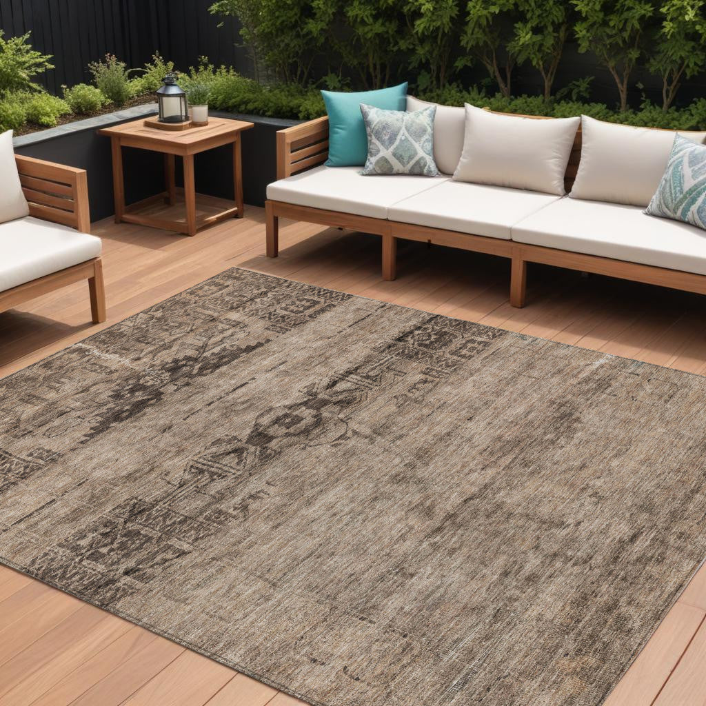 10 X 14 Brown And Taupe Medallion Washable Indoor Outdoor Area Rug
