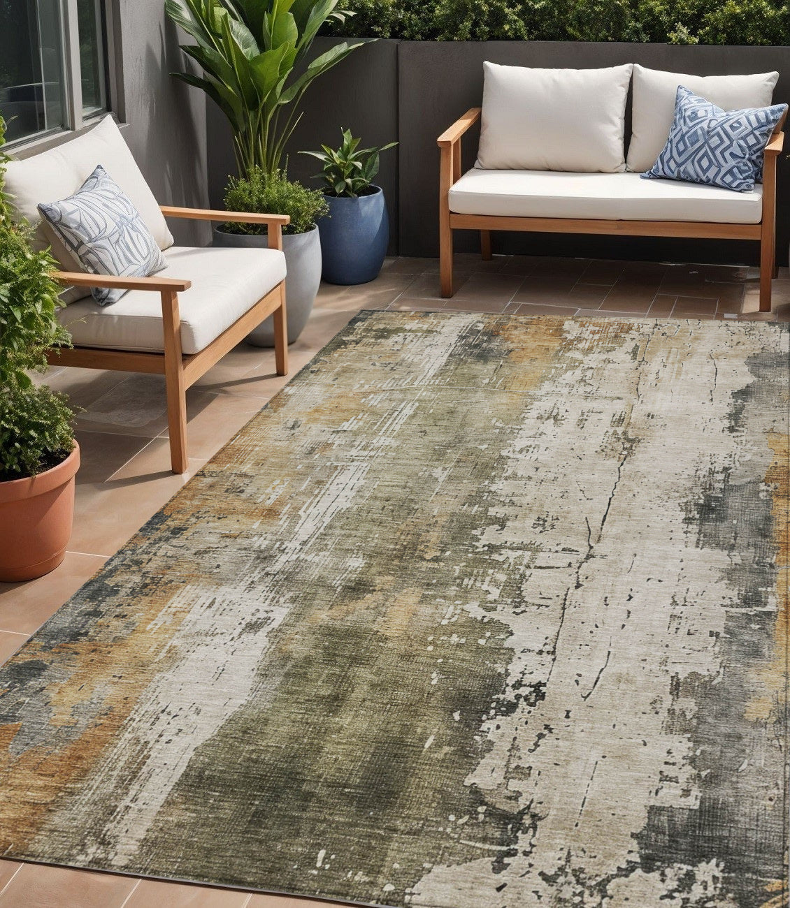 5 X 8 Olive Green And Ivory Abstract Washable Indoor Outdoor Area Rug
