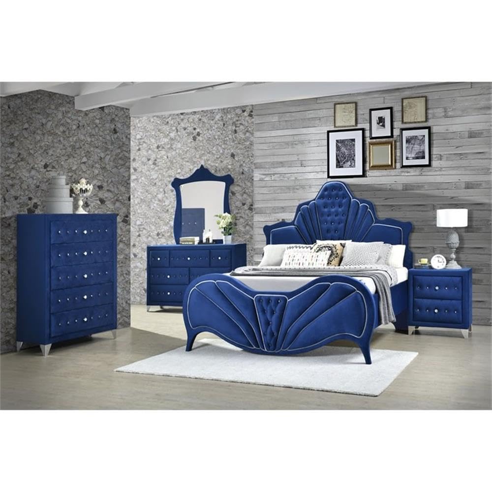 Acme Dante Queen Upholstered Panel Bed In Blue Velvet