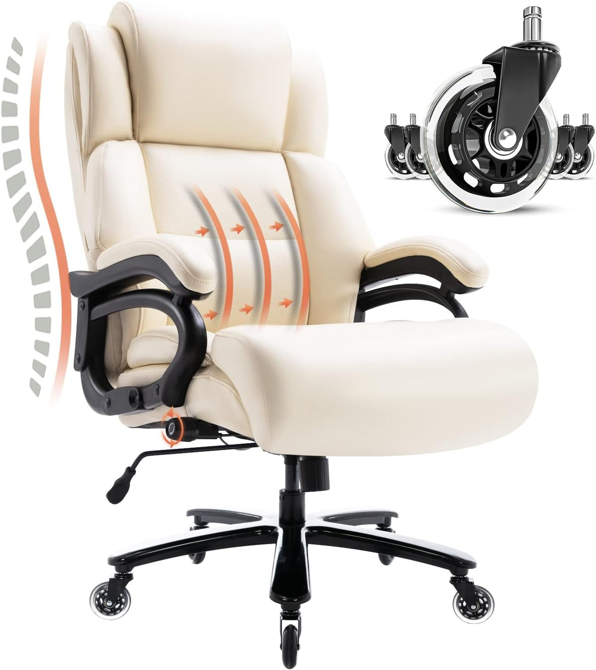 Big And Tall 400Lbs Office Chair - Adjustable Lumbar Support Heavy Duty Metal Base Quiet Rubber Wheels High Back Large Executive