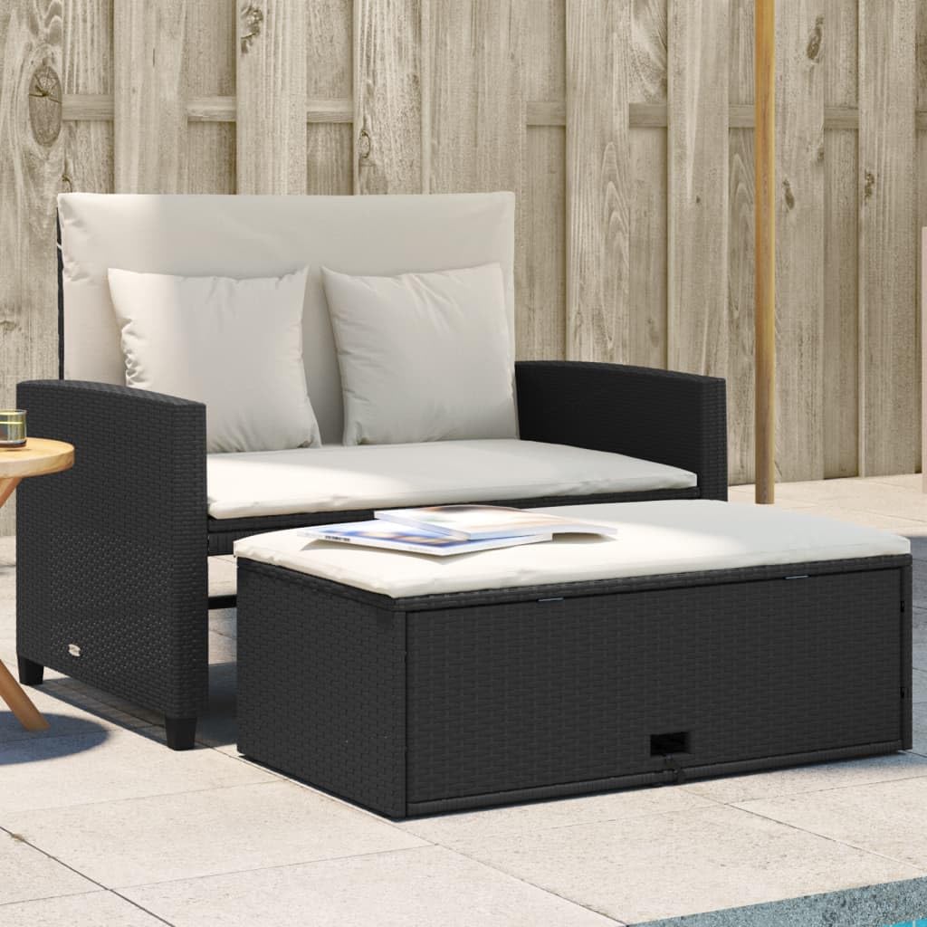 vidaXL 2 Seater Garden Sofa with Cushions, Outdoor Seat, Loveseat, Patio Terrace Balcony Furniture, Black Synthetic Rattan