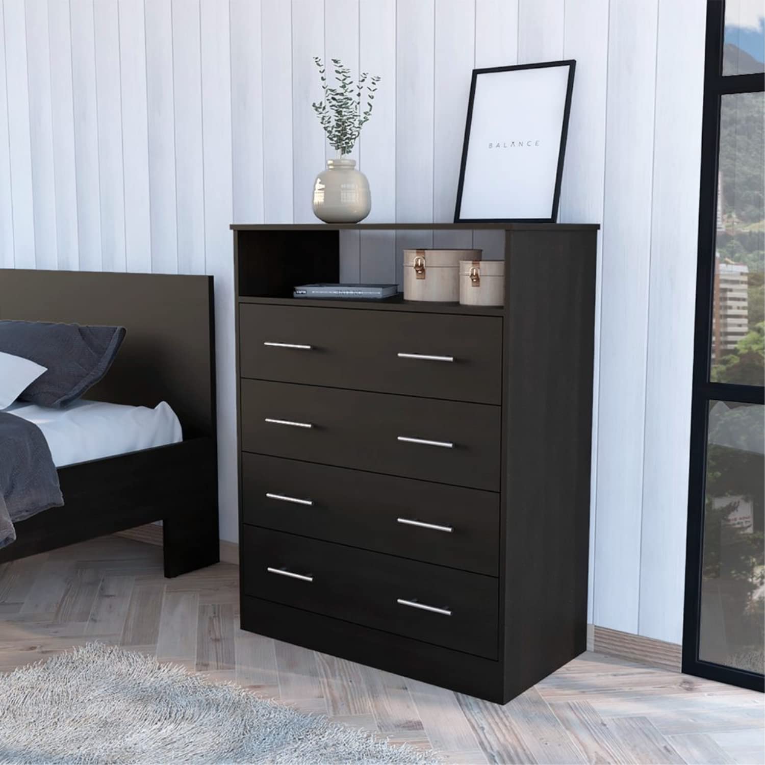 Serbian 4 Drawer Dresser With Open Shelf And Metal Handles, Black