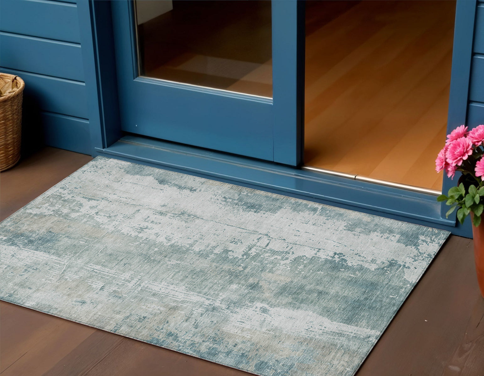 3 X 5 Turquoise And Ivory Abstract Washable Indoor Outdoor Area Rug