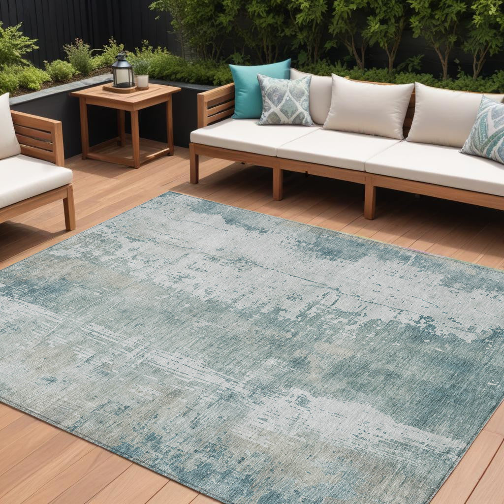 9 X 12 Turquoise And Ivory Abstract Washable Indoor Outdoor Area Rug
