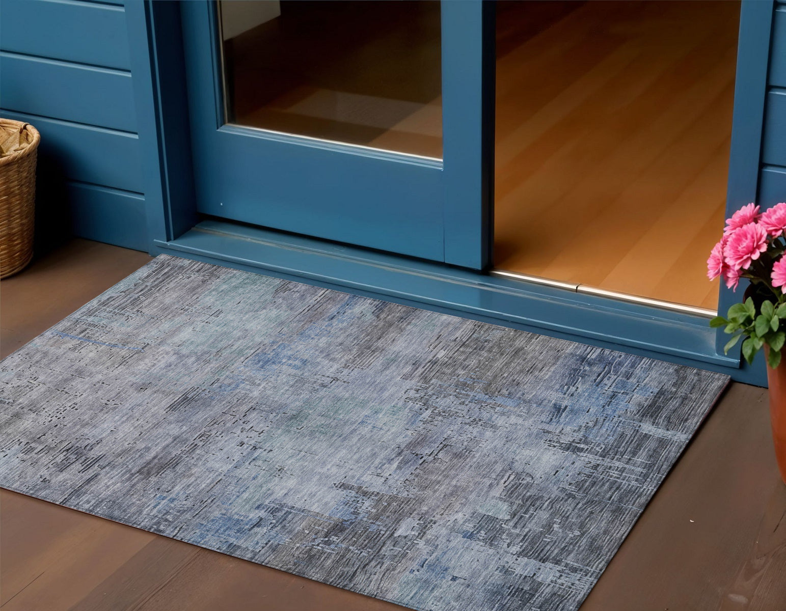 3 X 5 Gray And Blue Abstract Washable Indoor Outdoor Area Rug