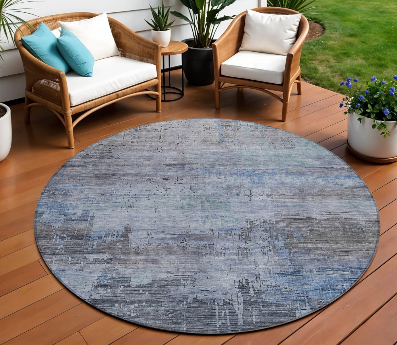 8 Gray And Blue Round Abstract Washable Indoor Outdoor Area Rug