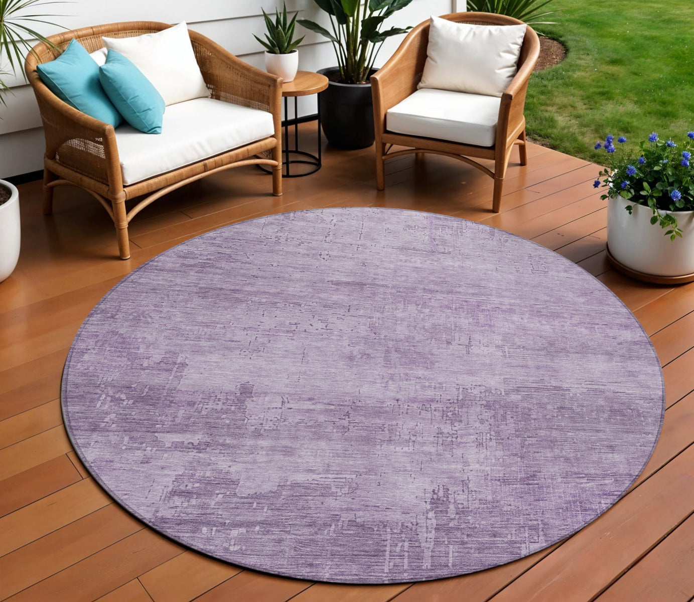 8 Lavender And Plum Round Abstract Washable Indoor Outdoor Area Rug