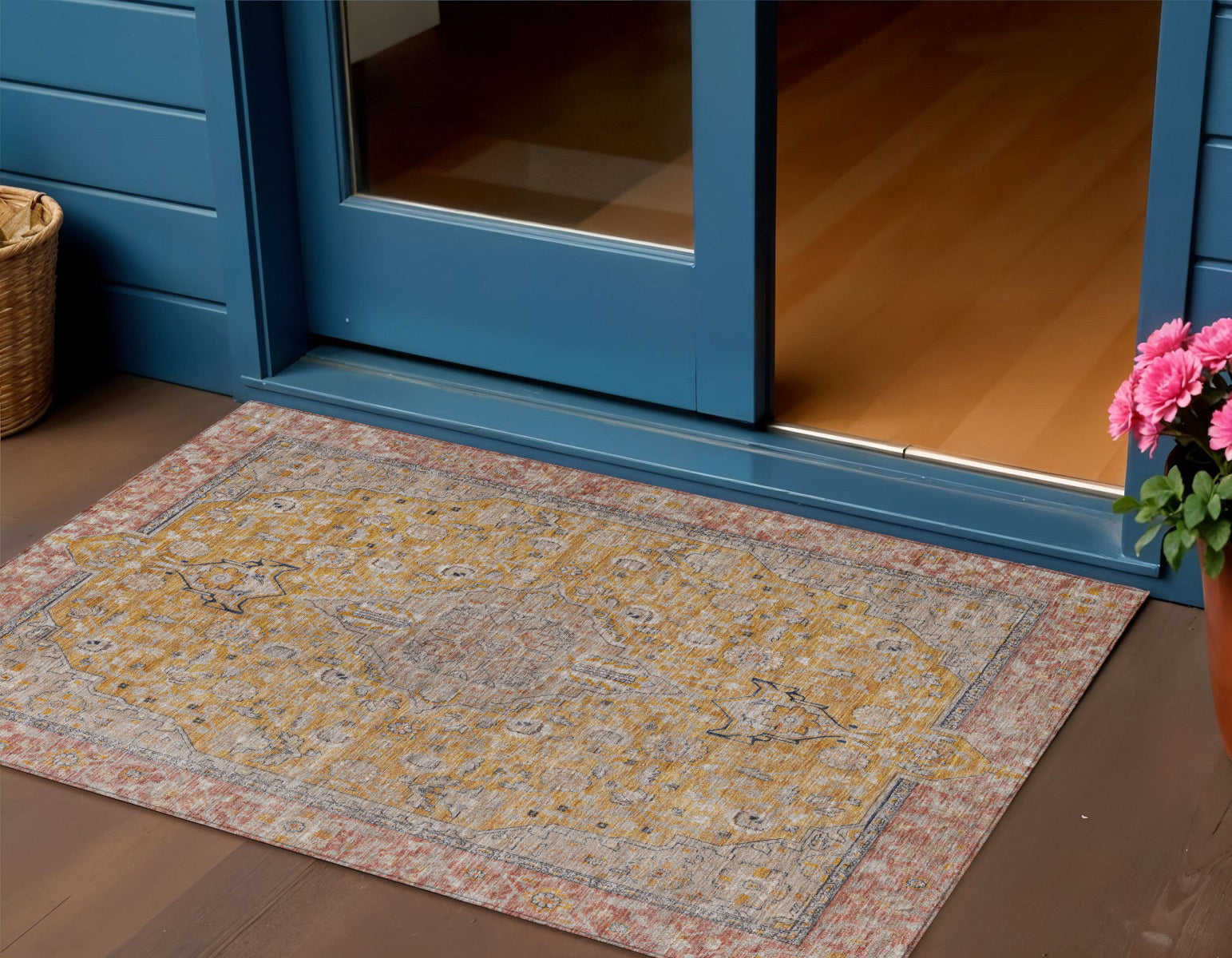3 X 5 Gold And Peach Medallion Washable Indoor Outdoor Area Rug