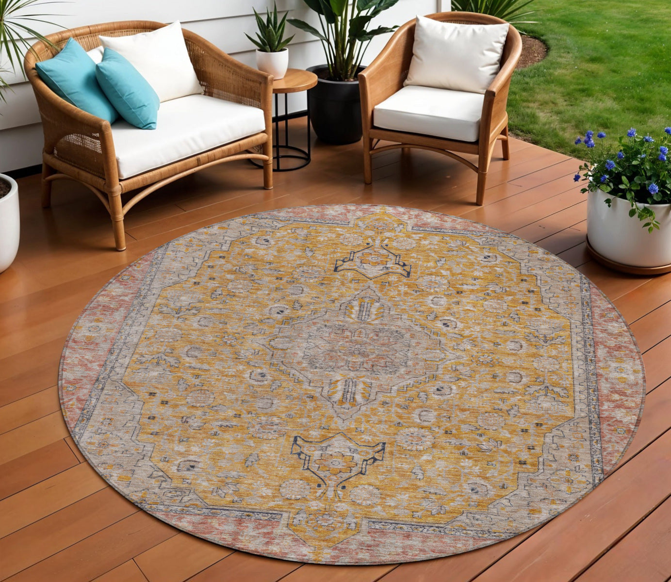8 Gold And Peach Round Medallion Washable Indoor Outdoor Area Rug