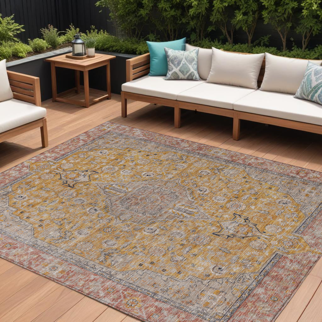 9 X 12 Gold And Peach Medallion Washable Indoor Outdoor Area Rug