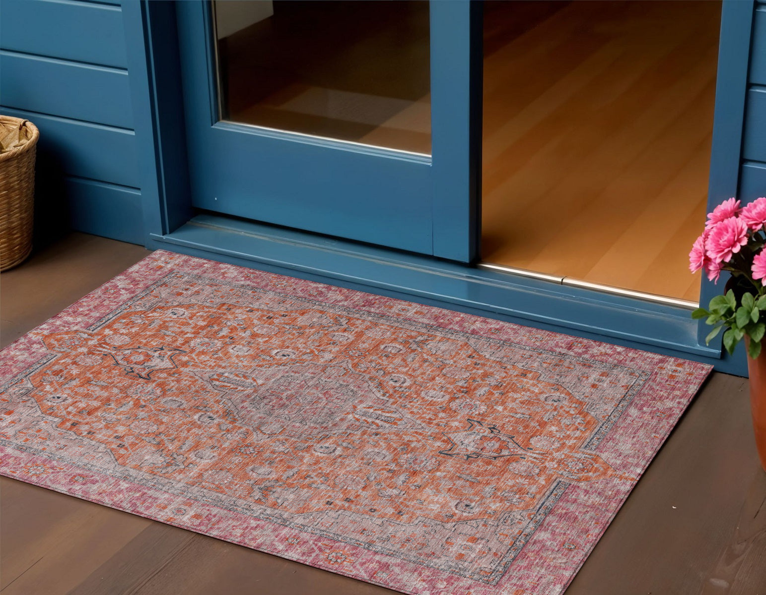3 X 5 Orange And Red Medallion Washable Indoor Outdoor Area Rug