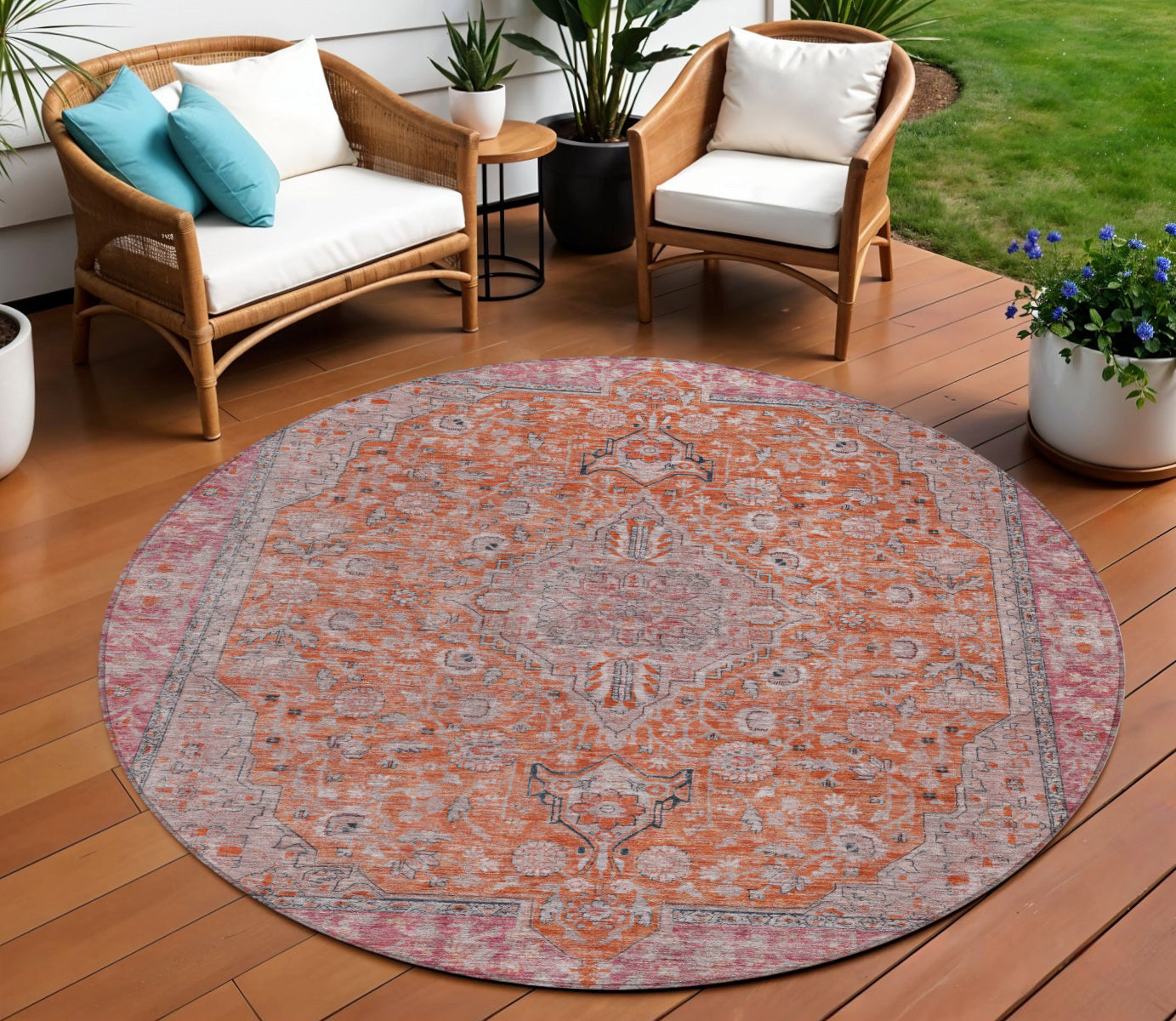 8 Orange And Red Round Medallion Washable Indoor Outdoor Area Rug