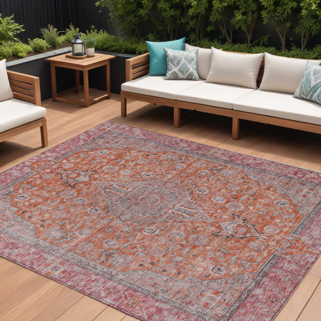 10 X 14 Orange And Red Medallion Washable Indoor Outdoor Area Rug
