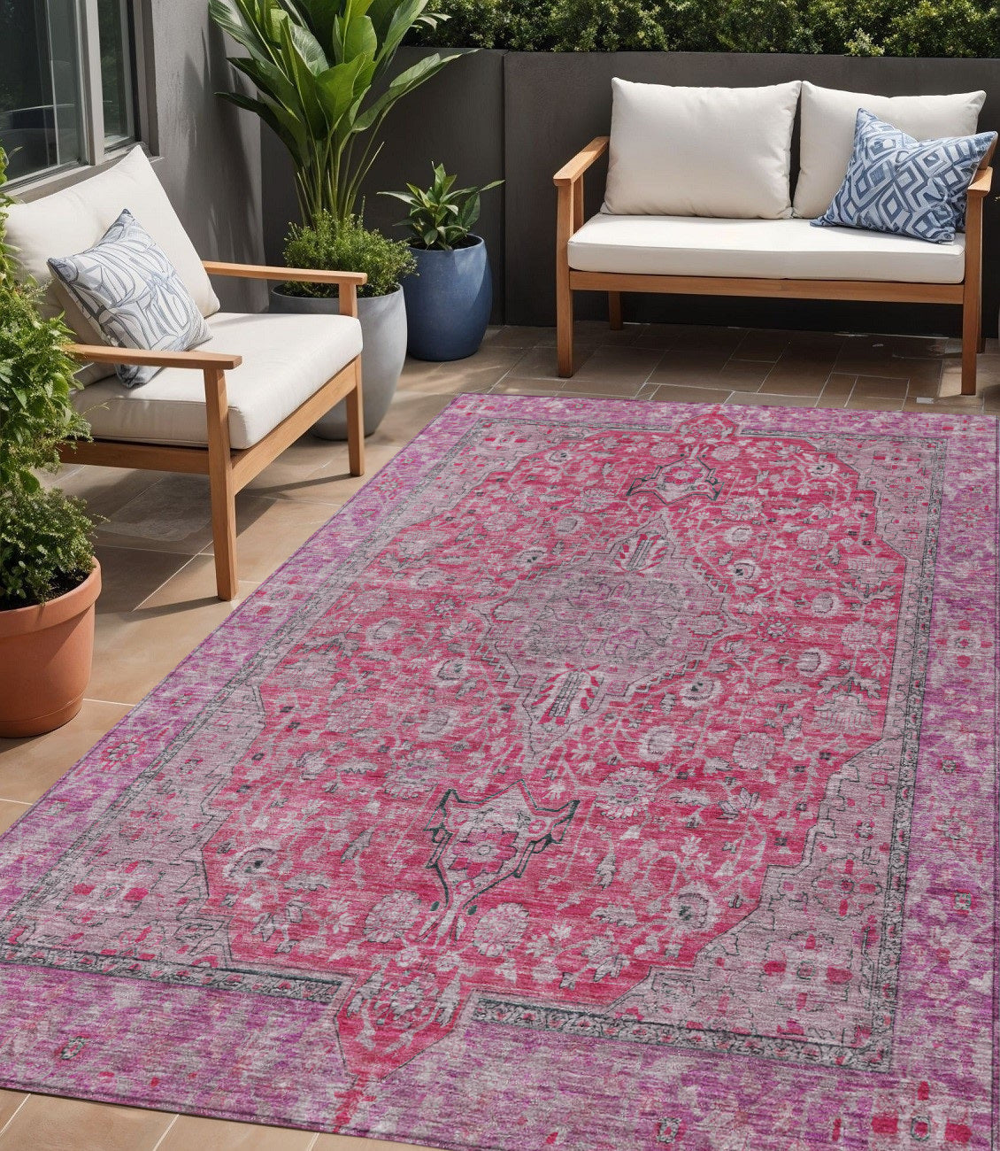 5 X 8 Pink And Lavender Medallion Washable Indoor Outdoor Area Rug