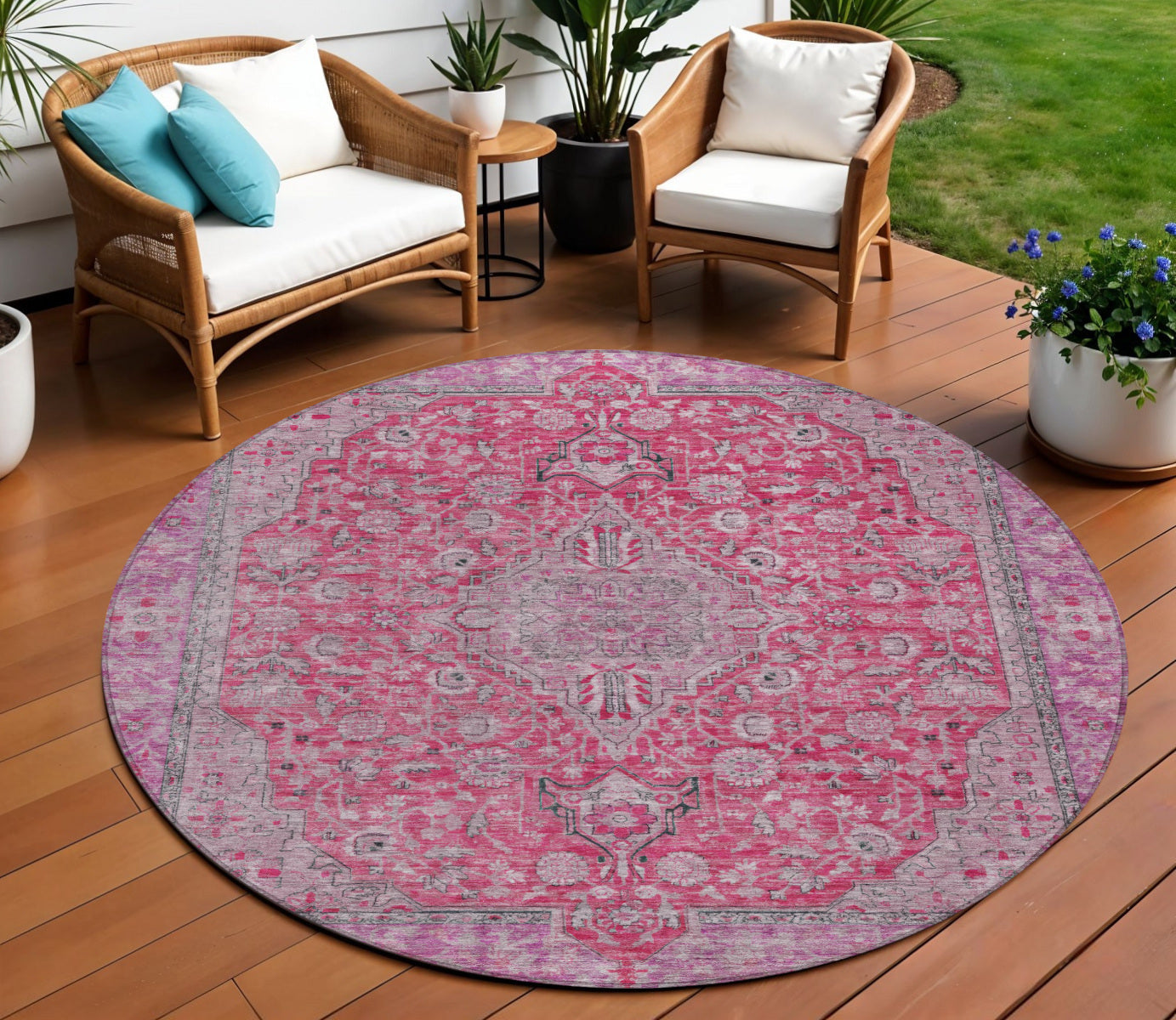 8 Pink And Lavender Round Medallion Washable Indoor Outdoor Area Rug