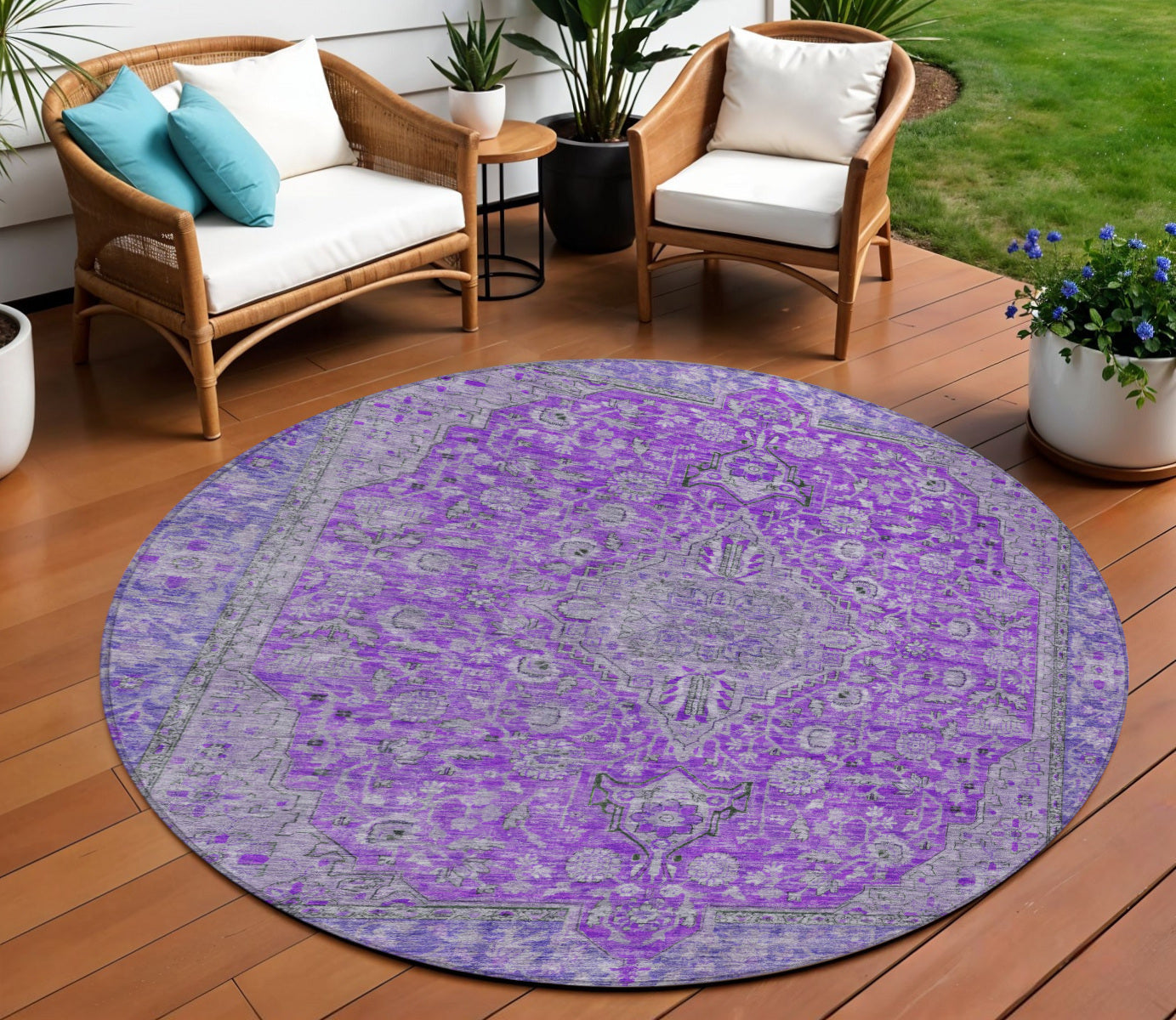 8 Purple And Gray Round Medallion Washable Indoor Outdoor Area Rug