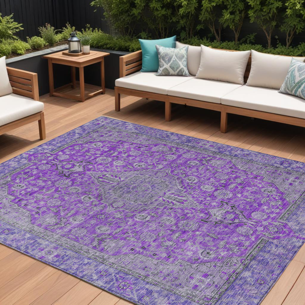 8 X 10 Purple And Gray Medallion Washable Indoor Outdoor Area Rug