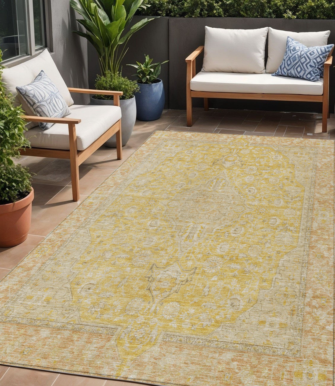 5 X 8 Wheat And Gold Medallion Washable Indoor Outdoor Area Rug