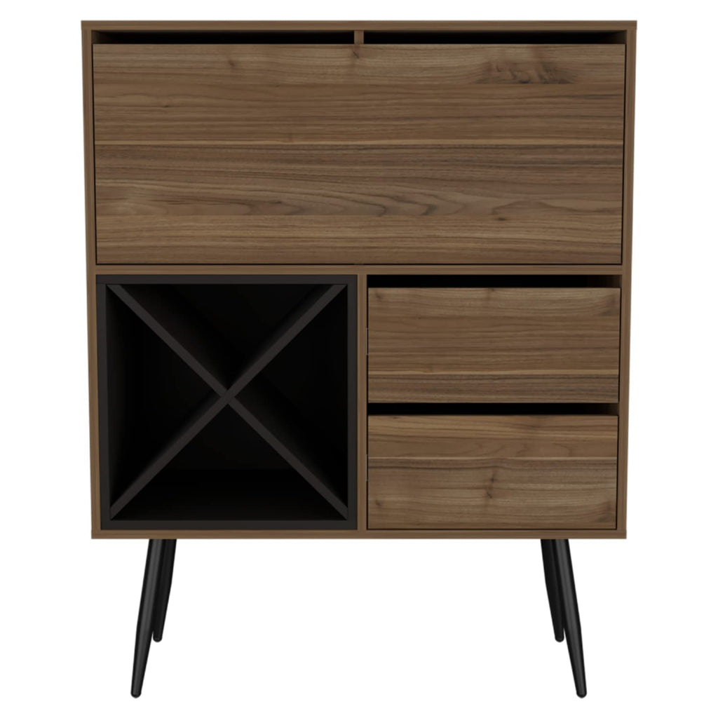 Thistle Bar Cabinet with 2 Drawers, 4 Double Racks, Single Cabinet, and 2 Shelves, Mahogany/Black