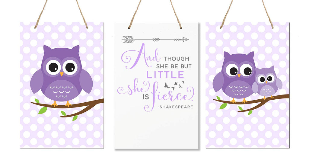 LifeSong Milestones and Though She May Be Little She is Fierce 3 Piece Owl Childrens Wall Decor Signs for Kids, Bedroom, Nursery