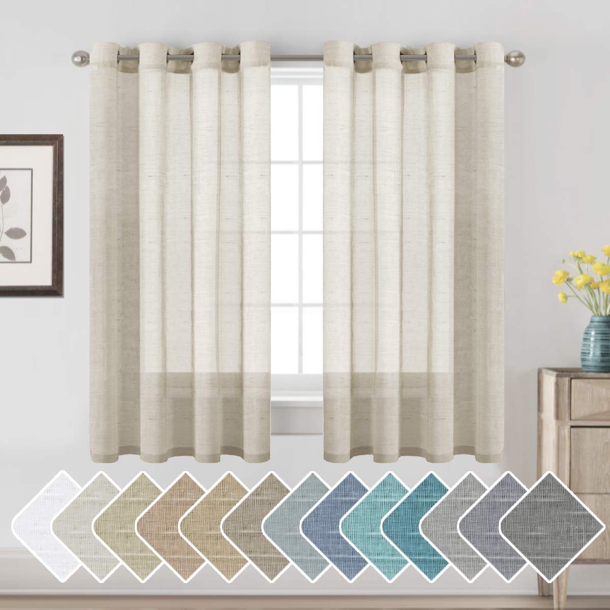 H.Versailtex Linen Curtains Flax Linen Blended Curtain Panels For Living Room/Bedroom Semi Sheer Privacy Curtains 63 Inch Length