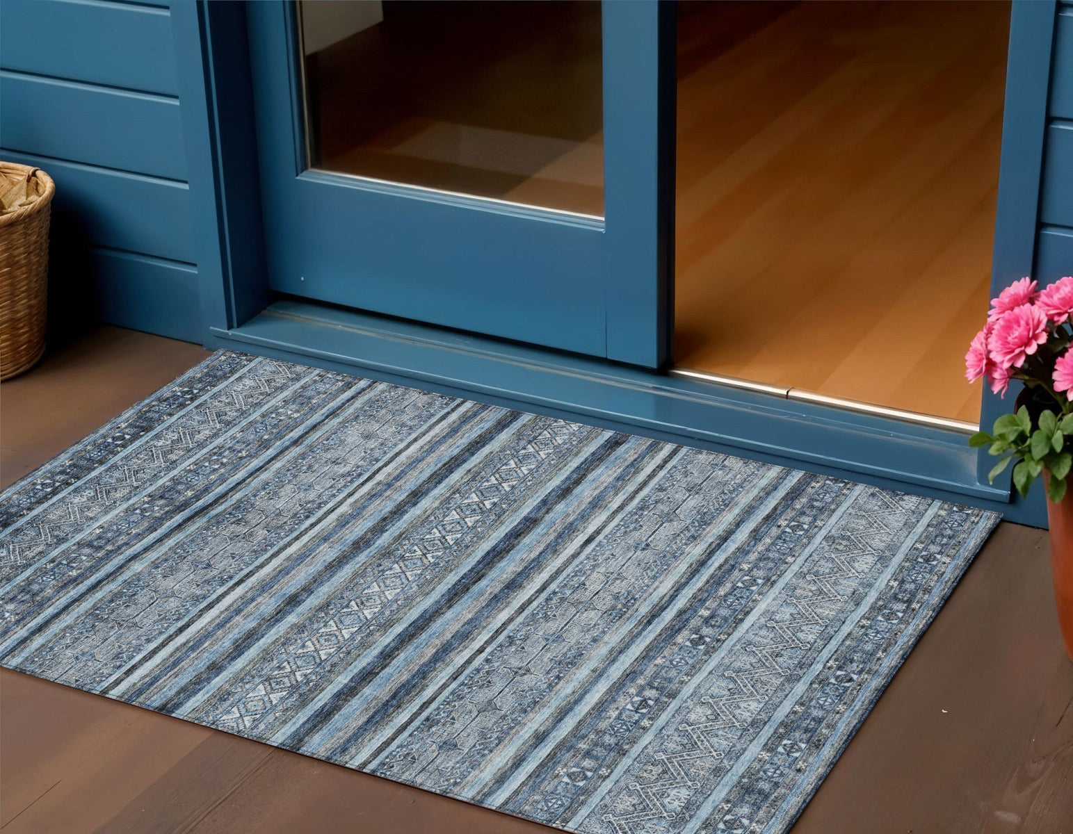 3 X 5 Blue And Gray Oriental Washable Indoor Outdoor Area Rug