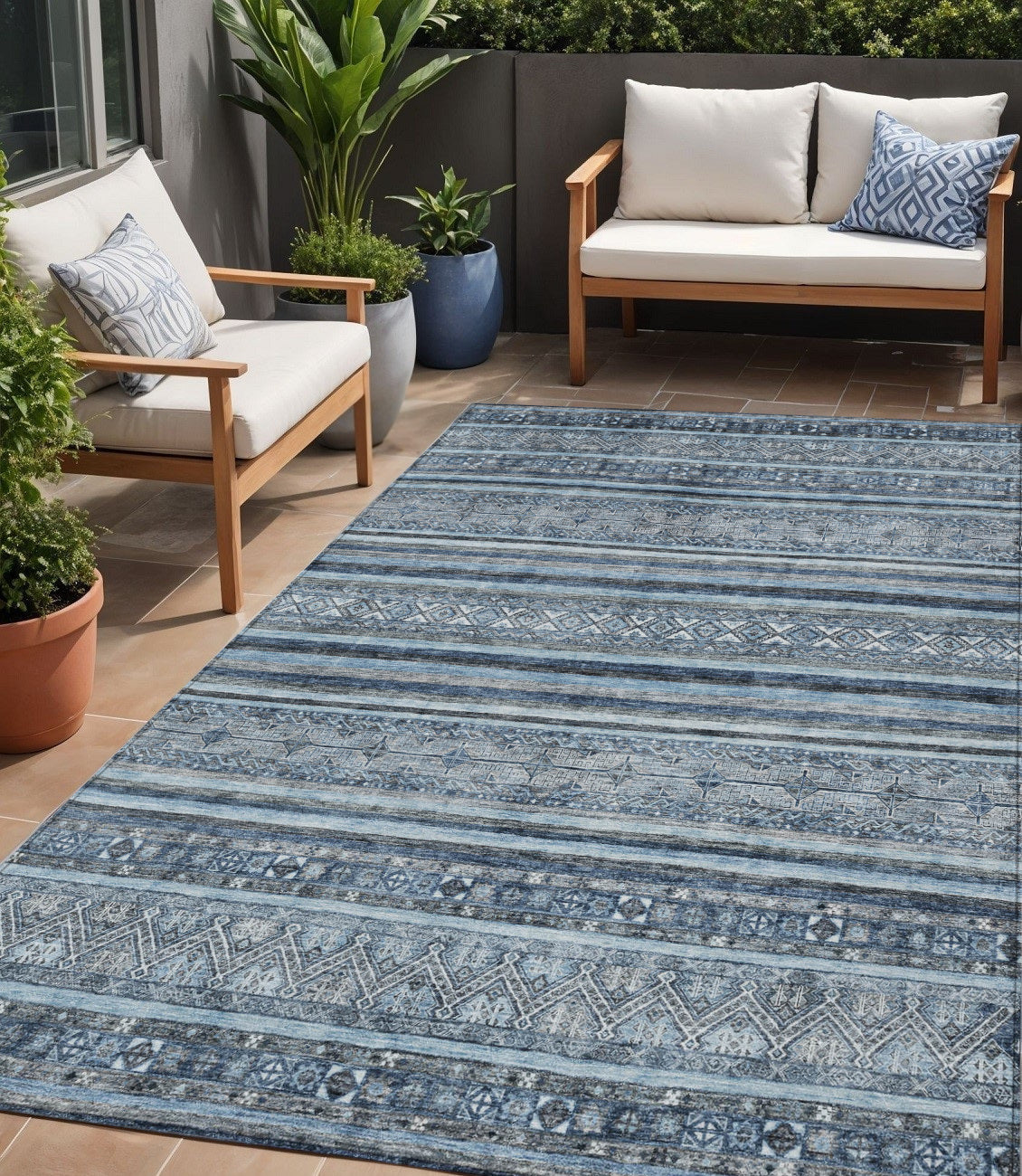 5 X 8 Blue And Gray Oriental Washable Indoor Outdoor Area Rug