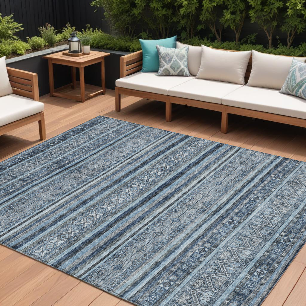 9 X 12 Blue And Gray Oriental Washable Indoor Outdoor Area Rug