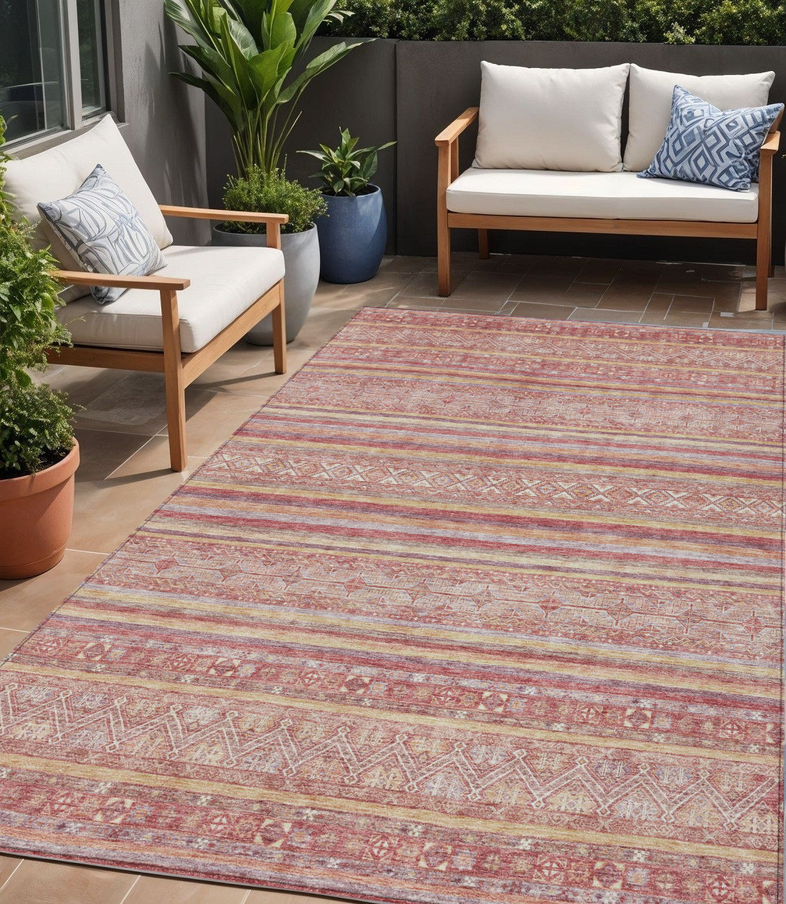 5 X 8 Rust And Coral Oriental Washable Indoor Outdoor Area Rug