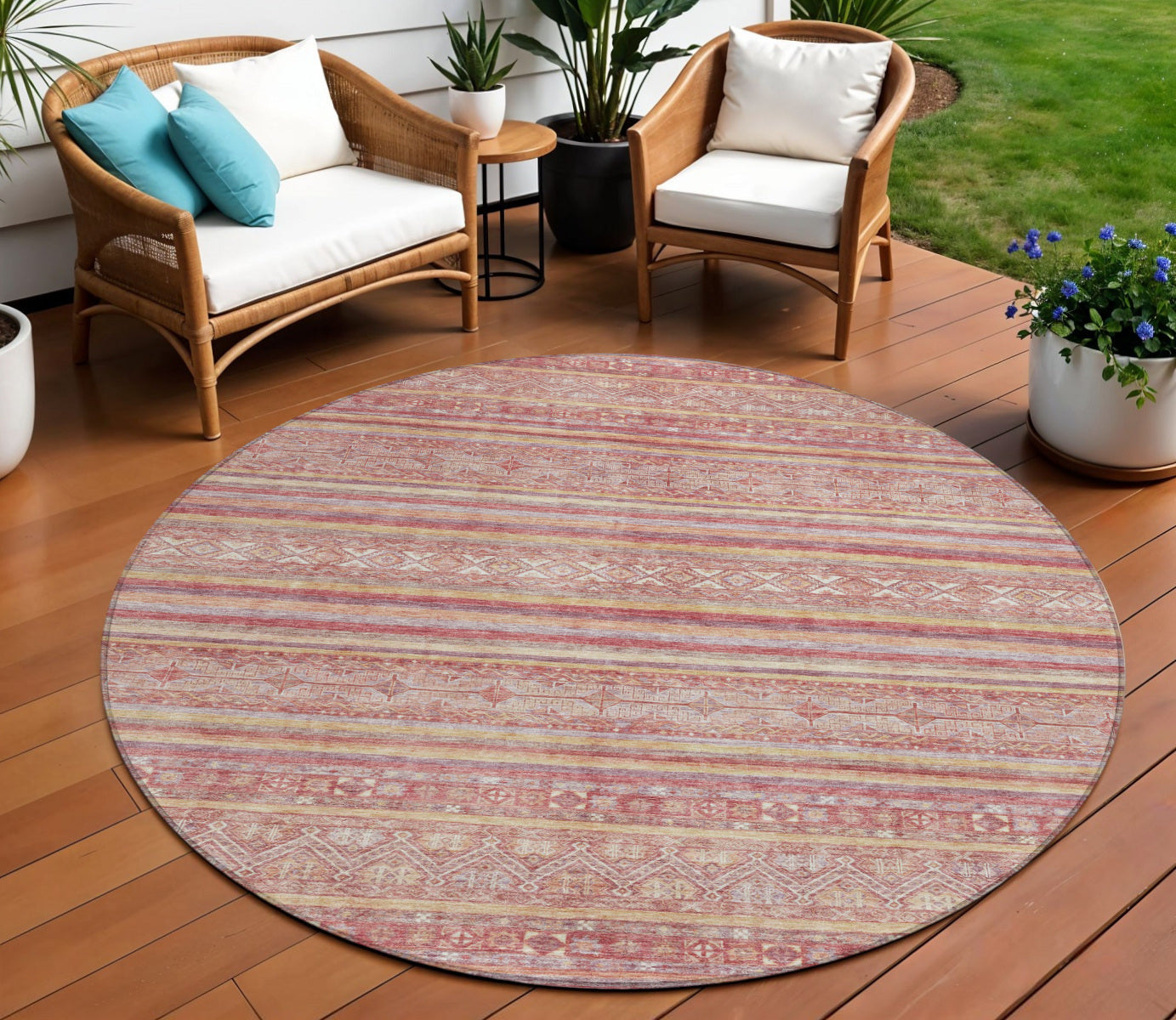 8 Rust And Coral Round Oriental Washable Indoor Outdoor Area Rug