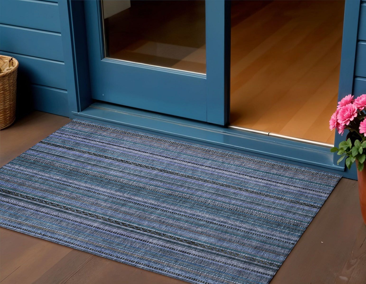 3 X 5 Blue Gray And Sky Blue Striped Washable Indoor Outdoor Area Rug