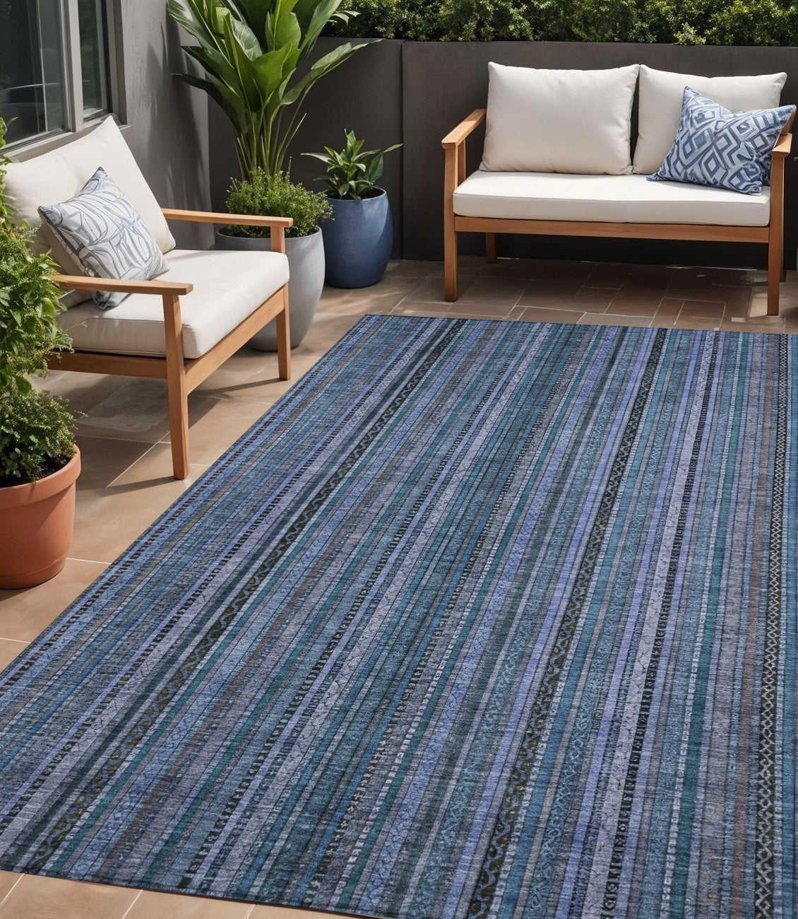 5 X 8 Blue Gray And Sky Blue Striped Washable Indoor Outdoor Area Rug